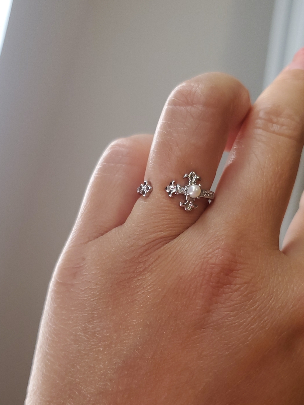 Sterling Silver Cross Ring with White Pearl Accent